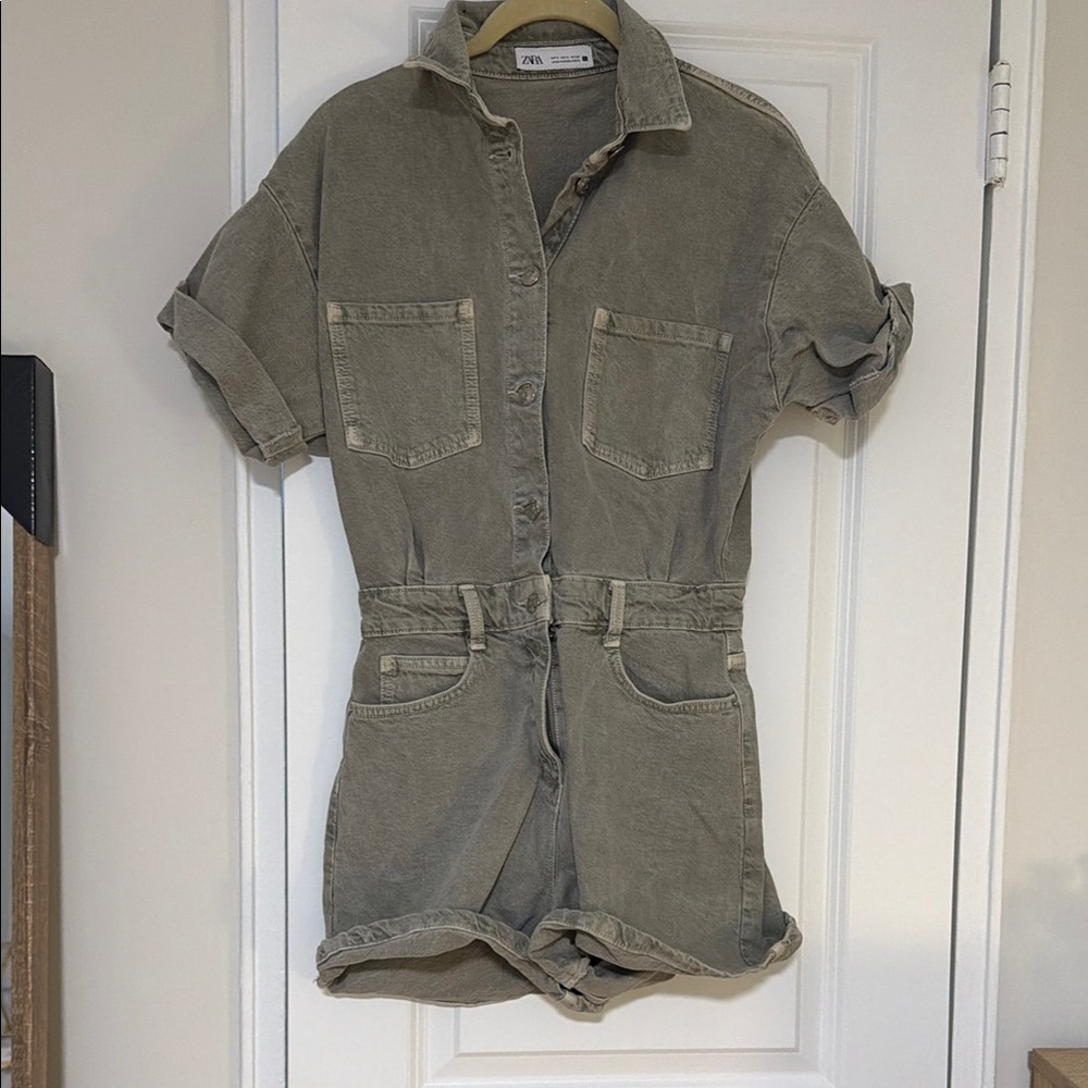 ZARA Olive Green Short Sleeve Denim Romper